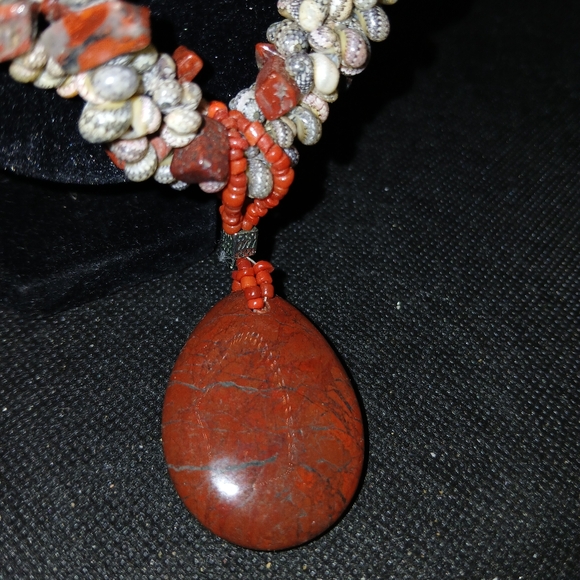 Vintage Handmade Abalone Coral Beaded Statement Necklace ,jasper pendant. 24 in - Picture 5 of 10